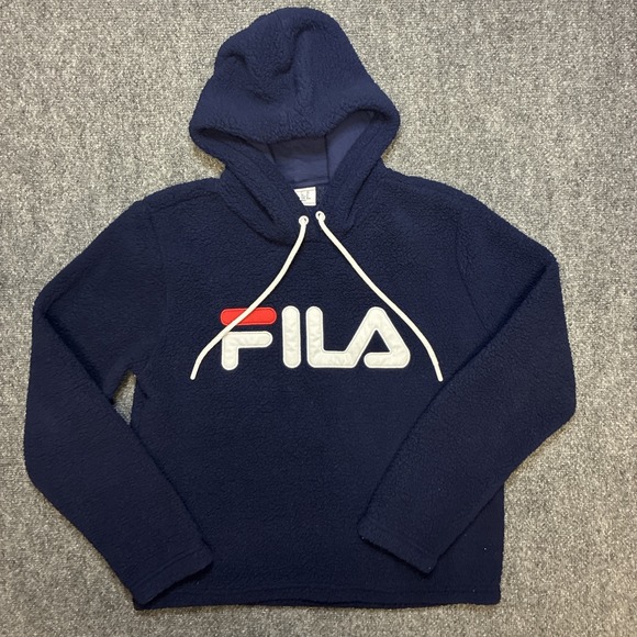 Fila Tops - FILA Fleece Pullover Hoodie Navy Blue Cotton Spell Out Womens Size M